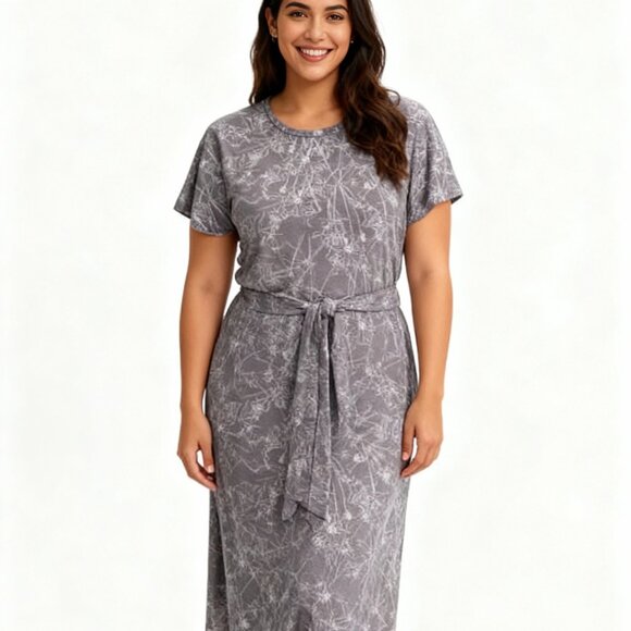 LuLaRoe Gray/Purple Printed Midi Dress — Short Sleeve Belted Style - Picture 3 of 6